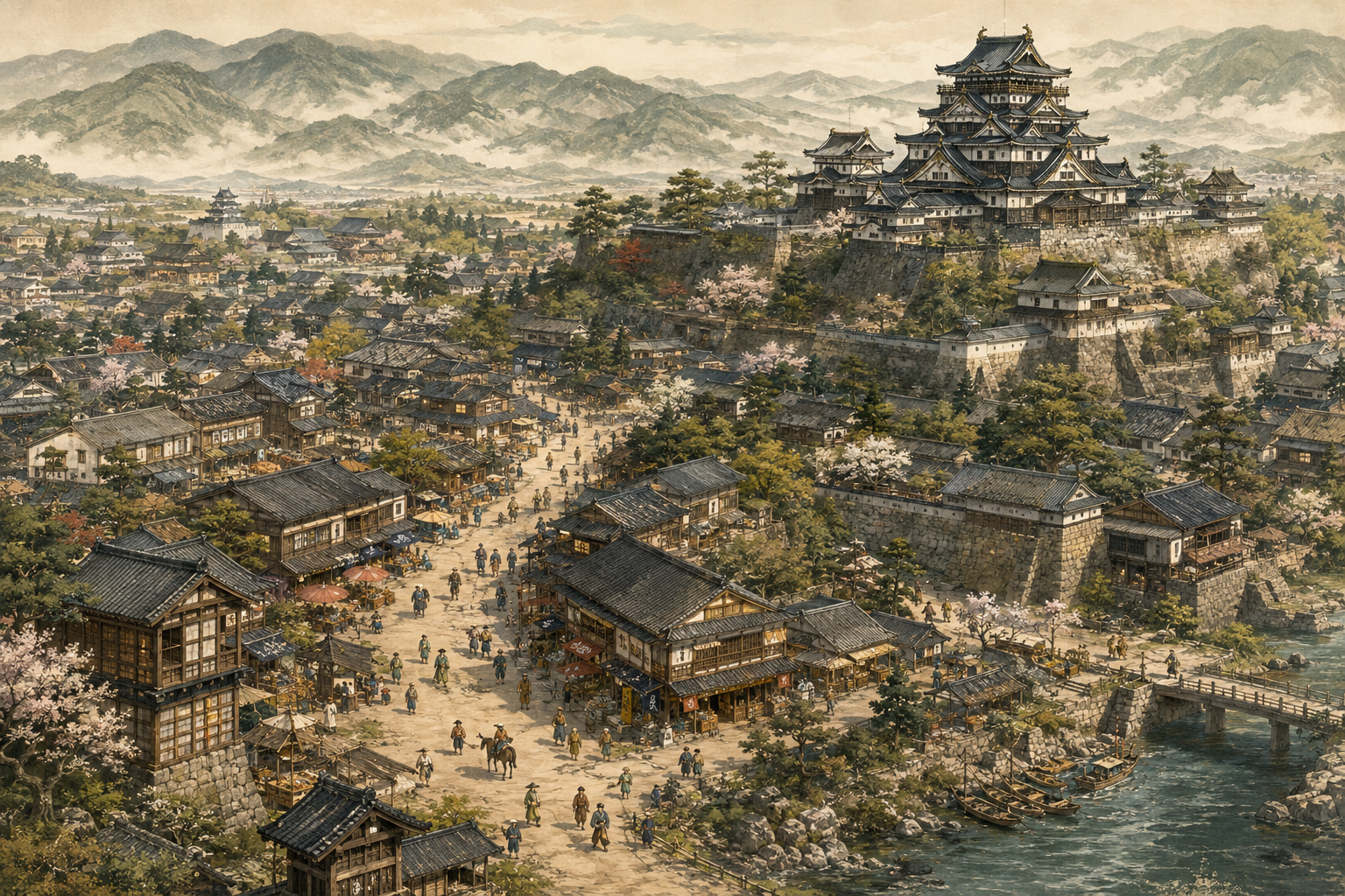 山水环抱的战国城町，商街通往高处的天守